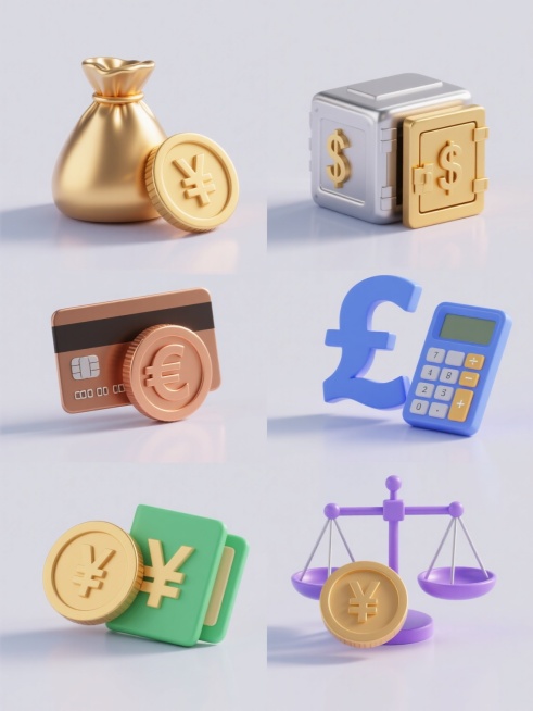 系列海报设计，6个相同风格3D立体图标规整排布，每个图标独立占据相同大小空间，纯色背景，高光泽金属质感，精细阴影效果，统一光效处理，第一个图标为金色日元符号硬币与钱袋组合，第二个图标为银色美元符号硬币与金库组合，第三个图标为铜色欧元符号硬币与信用卡组合，第四个图标为蓝色英镑符号硬币与计算器组合，第五个图标为绿色人民币符号硬币与存折组合，第六个图标为紫色法郎符号硬币与天平组合，每个图标保持相同的……预览效果