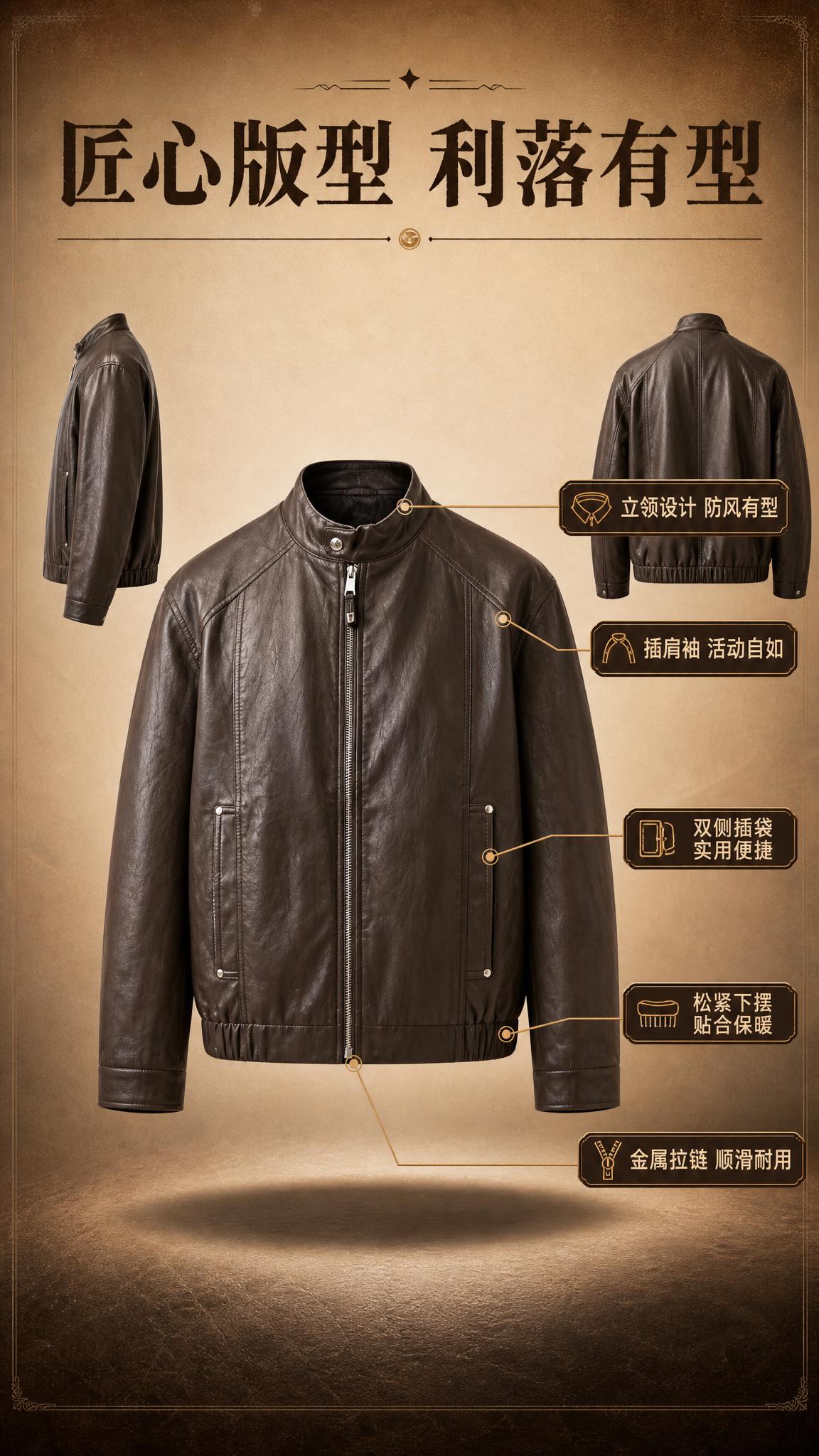 [商品] 使用【图1】深棕色立领PU皮夹克；商品处理：保留立领… - 图片创意预览