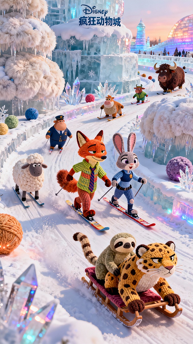 梦幻雪域中，拟人动物们滑雪嬉戏，软3D毛发生长风搭配针织面料质感，萌趣十足，节日氛围浓厚。