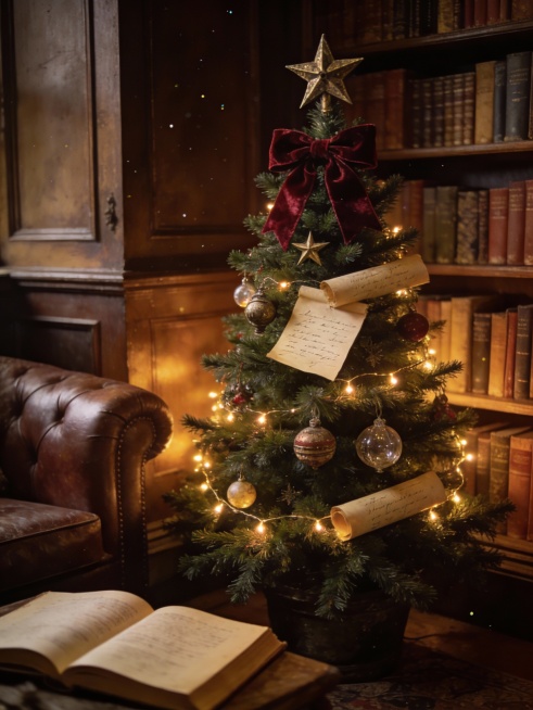 一棵古典维多利亚风格的圣诞树，放置在复古藏书室一角。树木采用深绿色冷杉，装饰以暗红色天鹅绒蝴蝶结、做旧黄铜星星、古董玻璃球和手写泛黄书信卷。暖黄色串灯发出柔和光晕，照亮一旁皮质沙发和翻开的老书。整体色预览效果