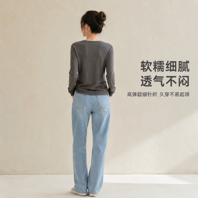 [主图-3] 麻灰V领长袖打底上衣背面穿搭展示
[氛围风格] 高级松弛感 简约生活化风格
[画质] 商业摄影质感、光线柔和通透、产品清晰真实、画面干净高级
[元素] 同一位年轻亚洲小个子女生背对镜头，预览效果