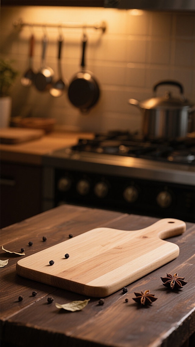 一张木纹清晰的浅色木质砧板平放在深色木质桌面上，砧板周围散落着几颗黑色胡椒粒和几片八角，背景是温馨的厨房环境，有挂着的厨具和朦胧的暖黄色灯光，整体呈现出真实细腻的食物摄影风格，暖棕色为主色调，光线柔和自然，阴影细节丰富，营造出舒适宁静的烹饪氛围。