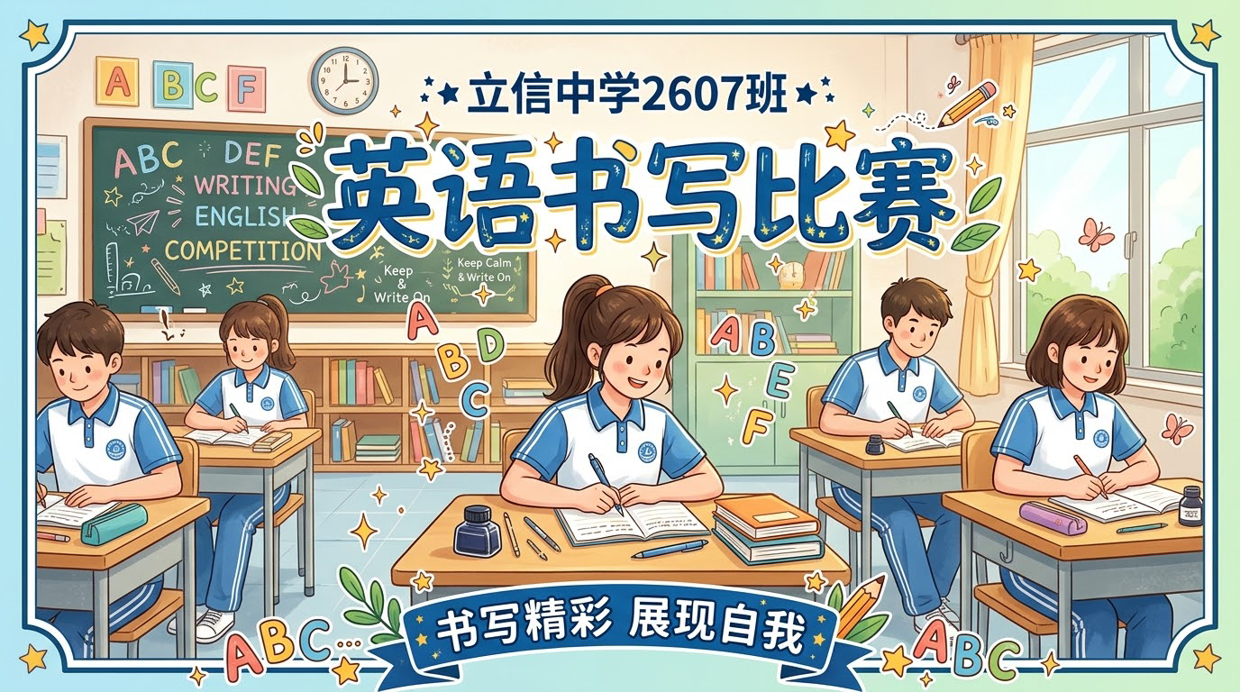 英语书写比赛横屏海报，16:9比例，校园卡通插画风格。画面中央… - 图片创意预览