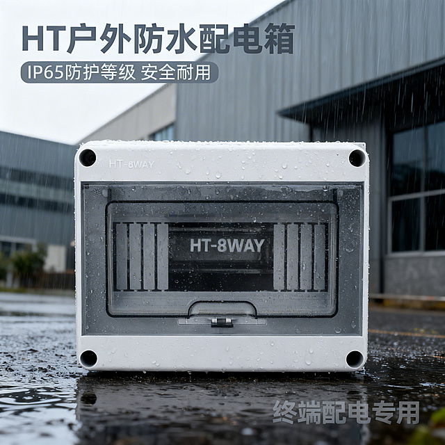 基于图中的HT防水配电箱，生成简约大气严谨风格的淘宝天猫1:1主图首图，产品居中完整展示，背景为户外建筑外墙阴雨场景，箱体表面有水珠体现IP65防水属性，左上角有文案“HT户外防水配电箱”，副标题“IP65防护等级 安全耐用”，右下角标注“终端配电专用”，文案为无衬线深灰色字体，不遮挡产品