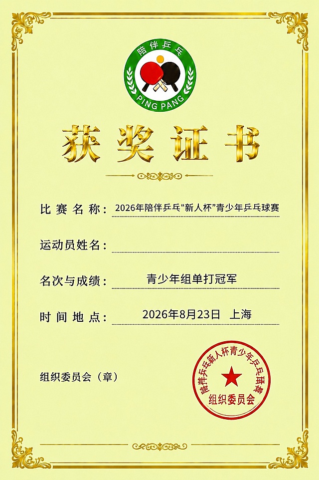 将证书中"名次与成绩"一行的内容改为"青少年组单打冠军"，其余所有内容、排版、颜色、边框、印章、logo均保持不变，字体风格与原有一致，修复自然无痕