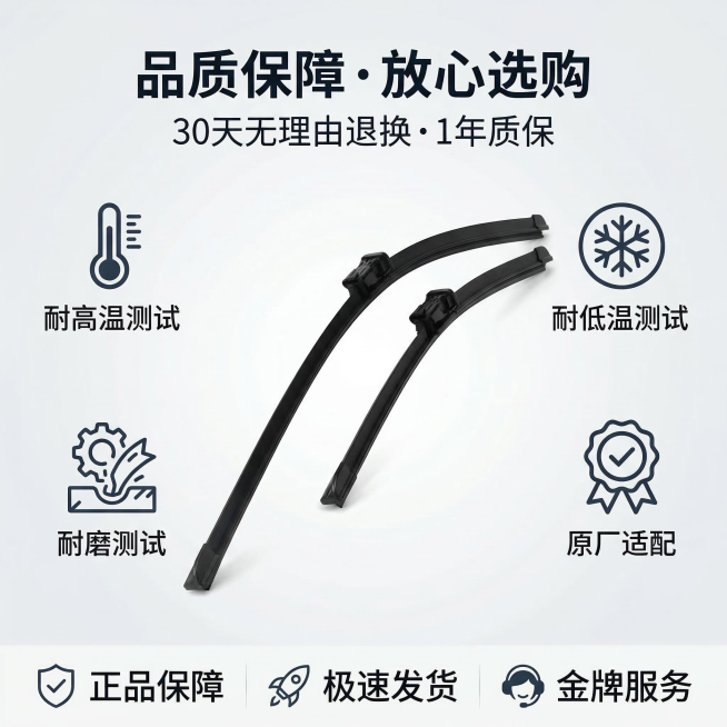 1:1 竖版电商主图，还原上传雨刮器的形态特征，以品质保障为核心。画面中心为产品与认证标识组合展示，包括「耐高温测试」「耐低温测试」「耐磨测试」等图标，背景为浅灰色渐变。主标题「品质保障・放心选购」，预览效果