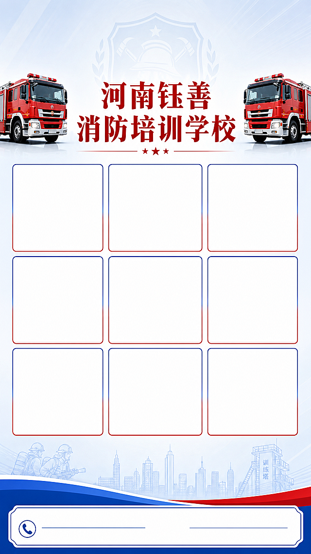 设计一张竖版消防培训学校宣传海报，比例为9:16。海报上方左右两边各有一辆一模一样的红色消防车，两辆消防车正中间标注文字"河南钰善消防培训学校"。下方主体大面积区域均匀分为9个空白方框，海报最底部位置预留学校报名联系方式，整体风格正式专业，消防主题，蓝白红色配色，排版整齐清晰，采用简约设计风格