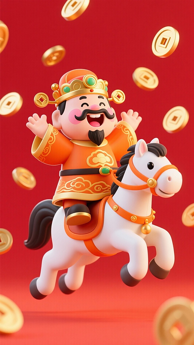 空中，整体都腾空，主体在画面偏上，干净纯红色背景，卡通 Q 版财神形象（身着橙色带金色祥云纹饰的传统服饰，头戴铜钱装饰的金色冠帽，黑胡须、粉腮红，开怀大笑、双手张开的姿态），骑乘在白色卡通小马（有黑色鬃毛，搭配橙色缰绳与鞍具，呈跃起的动态姿态）之上，周围空中散着很多动感金色铜钱。