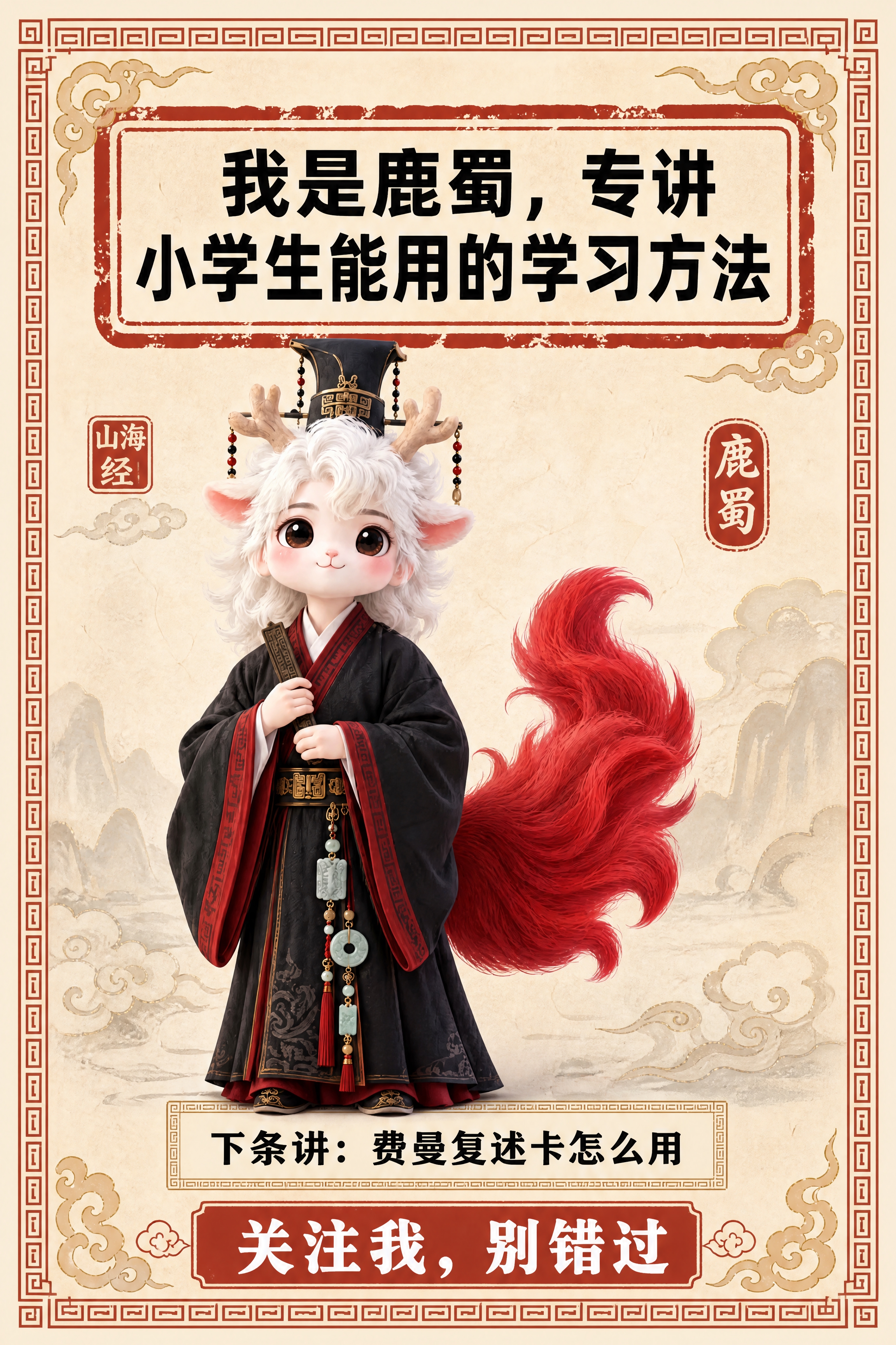 小红书笔记结尾页，统一模板，国风山海经风格，米黄色宣纸纹理背景… - 图片创意预览