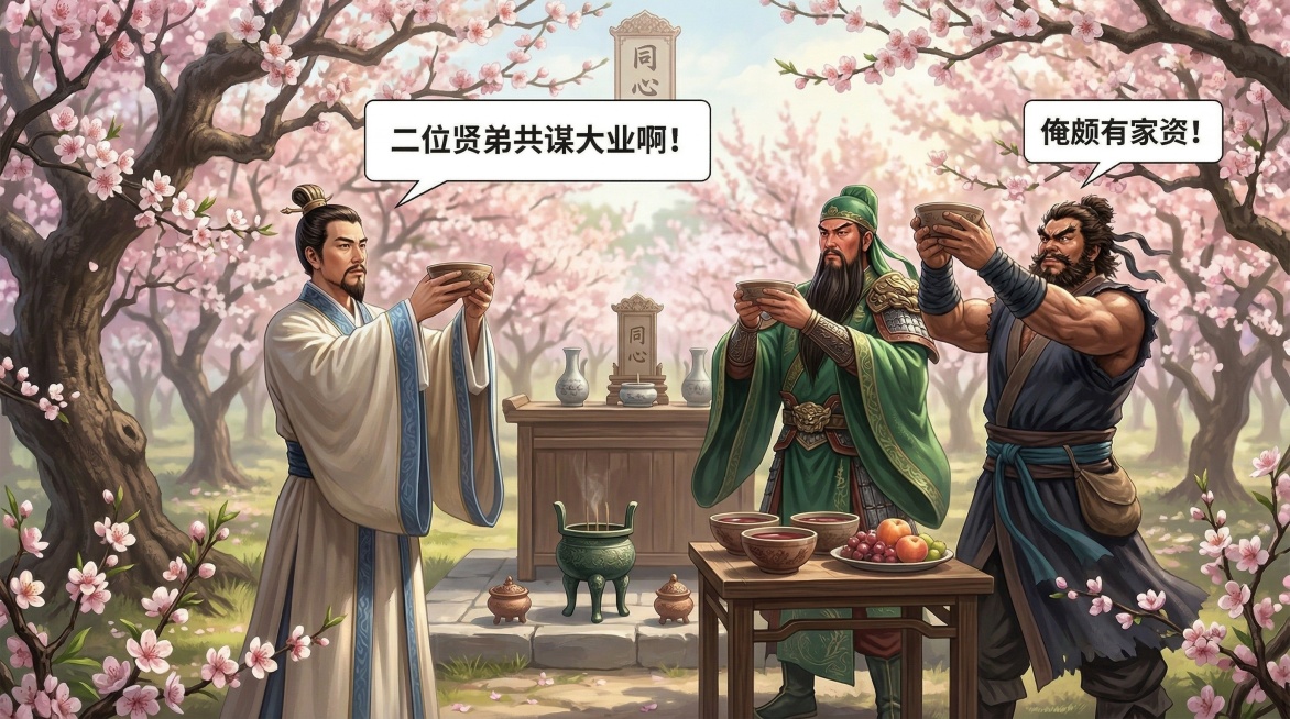 参考原图古风写实国漫风格，绘制刘备、关羽、张飞三人在桃园中进行三结义，三人都举着酒碗结拜，刘备配有对话气泡："二位贤弟共谋大业啊！"，张飞配有对话气泡："俺颇有家资！"，盛开的桃花林背景，整体风格和上预览效果
