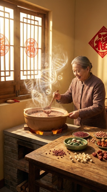 温馨传统厨房场景，全景视角，清晨阳光透过木窗照进中式厨房。灶台上陶锅正慢火熬煮腊八粥，热气腾腾升起，在光线中幻化成半透明的益生菌与膳食纤维抽象图案。桌面上散落红豆、花生、莲子等食材，一位老人微笑着用木预览效果