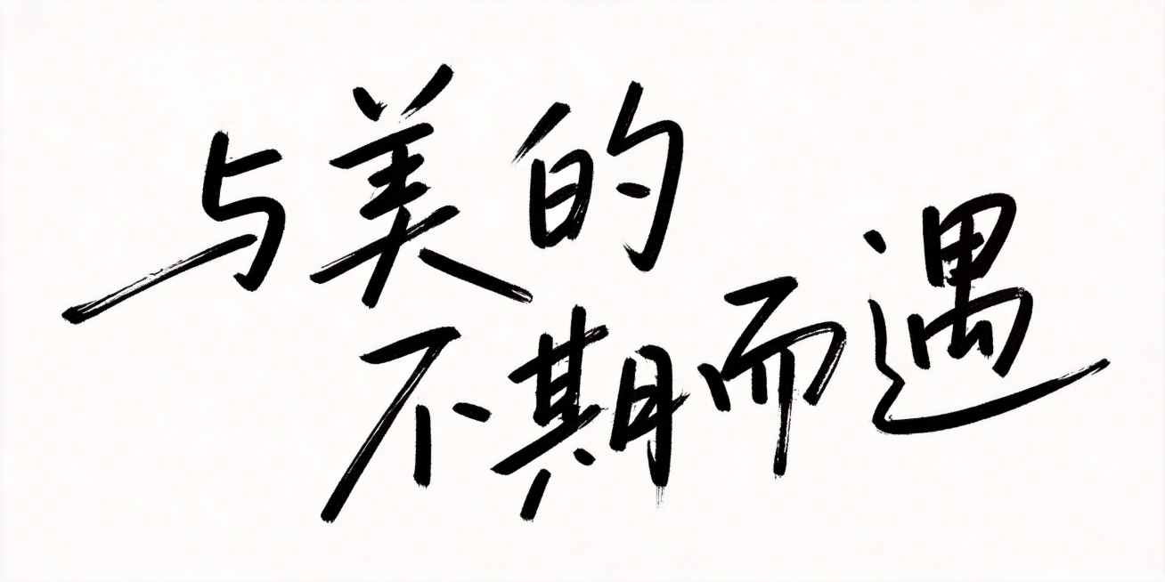 参考原图的书法手写风格，将文字修改为"与美的不期而遇"，保持和原图一致的书写手法、灵动活泼的笔触和黑色字体，干净纯白背景，保持文字排布、笔画风格和笔触粗细完全一致预览效果