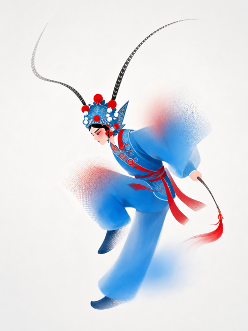 参考当前图片的国风插画风格，重新生成戏曲人物武生的画面内容，保留简约渐变晕染的艺术效果，蓝色戏服搭配红色装饰，保持原构图预览效果
