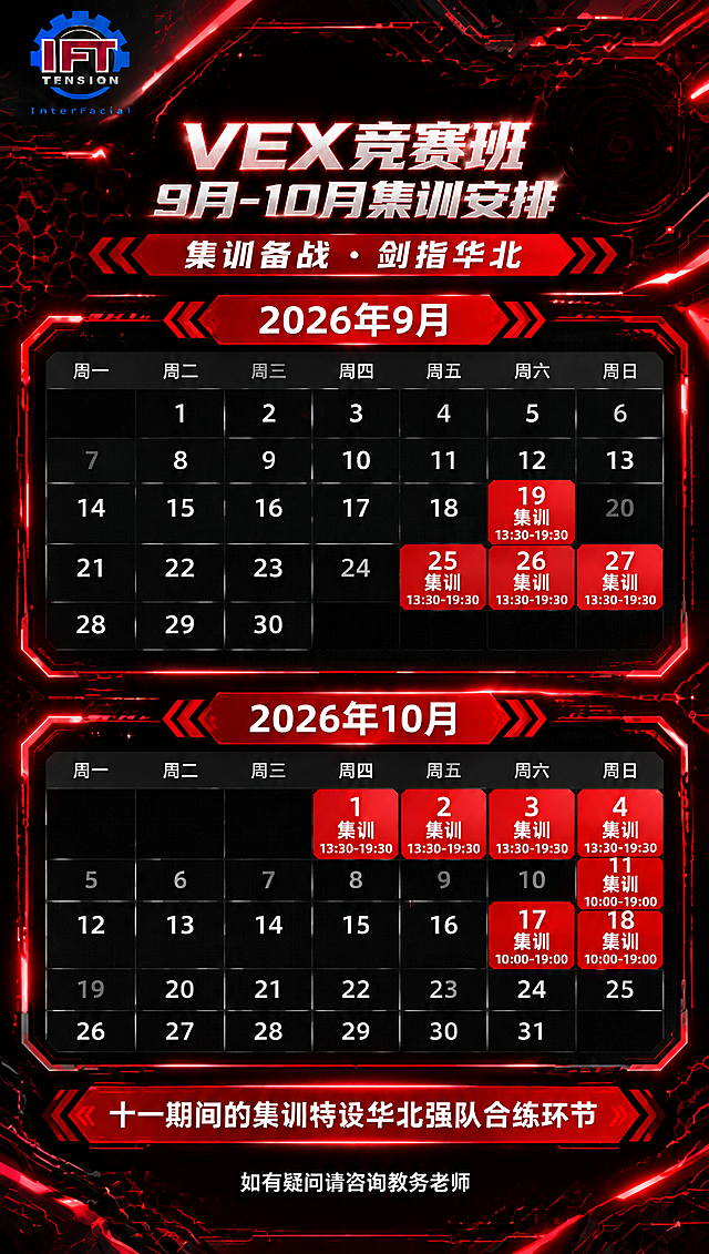 基于参考图进行修改，调整版式比例并增加科技装饰。修改内容：1）标题"VEX竞赛班"和"9月-10月集训安排"的文字适当缩小，减少顶部占用空间；2）9月和10月的日历整体适当放大，占比更饱满，集训日格子内文字同步放大更清晰；3）底部说明文字改为"十一期间的集训特设华北强队合练环节"（去掉"一场"二字）；4）在画面中增加更多科技感装饰元素，如发光的电路线条、数据粒子光点、几何线框角标、扫描线效果、六边形科技纹样等，分布在日历四周、标题两侧和背景中，增强赛博科技氛围；5）左上角logo、副标题"集训备战·剑指华北"、9月和10月的集训日期及对应时间段、最底部"如有疑问请咨询教务老师"均保持不变；6）整体红黑科技色调保持一致，所有数字日期时间精确无误。