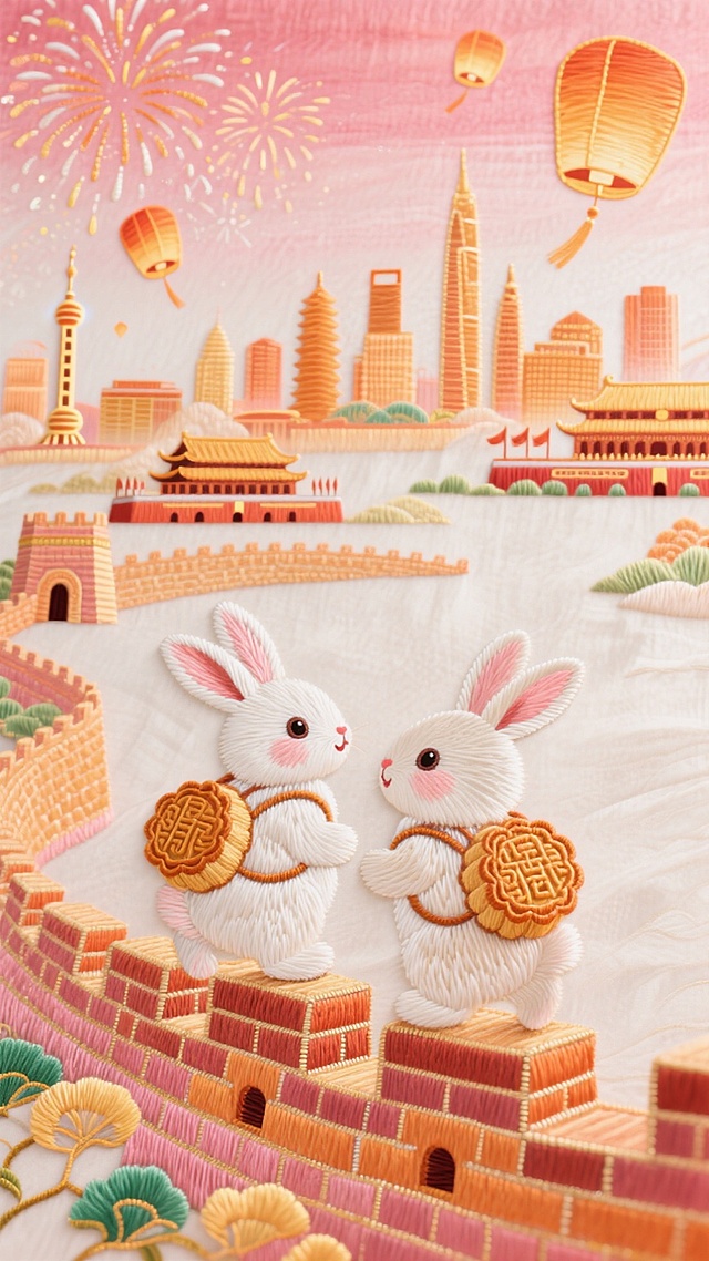 刺绣风插画，卡通兔子拟人化，手捧月饼，喜庆烟花点缀，中秋佳节氛围浓厚。