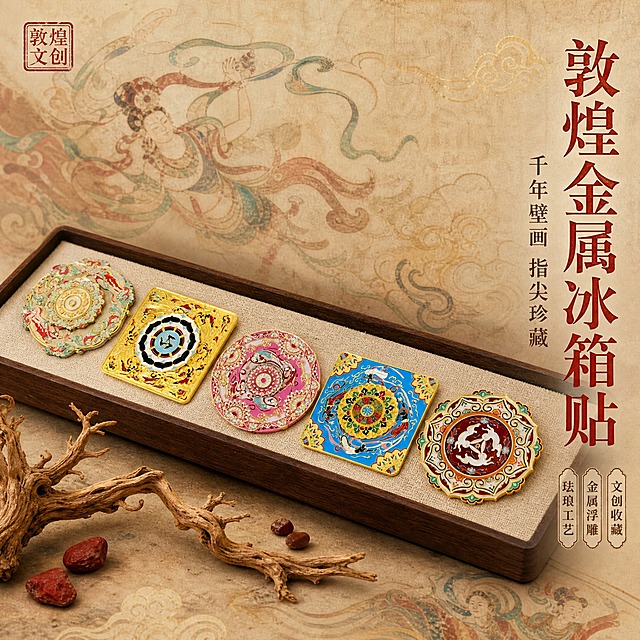 [主图-1] 敦煌元素金属冰箱贴英雄展示图，突出国潮文创高级质感与文化氛围感。
[统一基调] 国潮敦煌风格，暖金+朱砂红+石青为主色调，背景为敦煌壁画肌理质感的暖米色渐变背景，点缀隐约的敦煌飞天飘带纹样与祥云图案，字体采用古典宋体与现代黑体结合，标题字色为朱砂红，辅助文字为深褐色，强调色为鎏金色，整体氛围庄重典雅又不失精致。
[画面] 画面中央展示五款敦煌金属冰箱贴错落有致地陈列在深胡桃木色展示托盘中，托盘上铺有米白色亚麻布衬底，冰箱贴呈45°俯视角摆放，主体占画面65%左右。从左到右依次为：粉绿莲花款、金色方形藻井款、粉色圆形飞天款、蓝色方形藻井款、红底三兔共耳款。每款冰箱贴都展现出金属珐琅的光泽质感，浮雕纹理清晰可见，金属边缘有细腻的高光反射。托盘旁点缀一支干枯的敦煌风格胡杨枝与几粒朱砂色小石子，增加文化氛围感。左上角放置"敦煌文创"小型印章式标识。
[光影质感] 商业摄影质感，柔和的左上侧主光照射，冰箱贴金属表面形成自然的高光带，珐琅彩部分色彩饱和浓郁，托盘下方有柔和的投影，整体光影层次丰富，体现金属与珐琅材质的高级质感。
[配色] 主背景暖米色渐变，点缀朱砂红、石青、鎏金色装饰纹样；产品本身的丰富色彩作为视觉焦点；文字使用朱砂红主标题+深褐色辅助文+鎏金装饰线。
[文字版式] 画面右侧竖排主标题"敦煌金属冰箱贴"，下方小字"千年壁画 指尖珍藏"，再下方三个小标签分别为"珐琅工艺""金属浮雕""文创收藏"。文字均放在右侧负空间，不遮挡产品主体。标题字号最大，辅助文字缩小60%，标签文字最小。
[输出要求] 1:1正方形比例，2K分辨率，产品清晰锐利，金属质感真实，文字清晰可读，色彩浓郁饱满。负向：变形、错字、模糊、杂乱、水印、平台Logo、产品悬浮、边缘硬切、色彩失真。