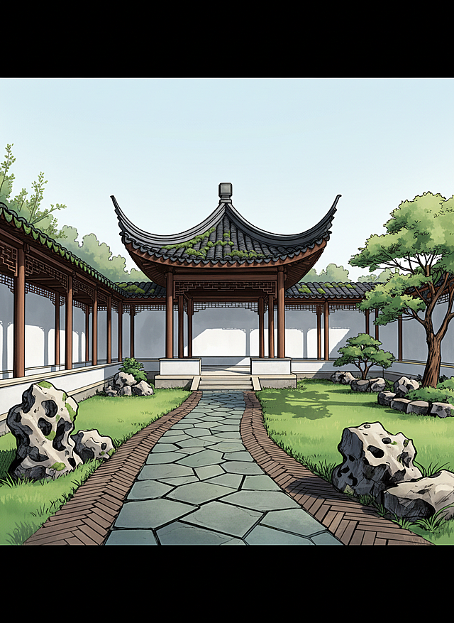 中式古典插画风，清新雅致的庭院景观，石径通幽，绿树成荫。