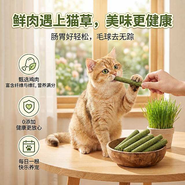 将图中所有猫草棒替换为https://6.jpg中的统一绿色圆柱猫草棒样式，保持其他所有元素（文字、猫咪、背景、构图）完全不变