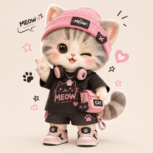 卡通可爱的拟人化毛绒小猫（猫），两脚站立，Q版潮流风格，画风统一预览效果