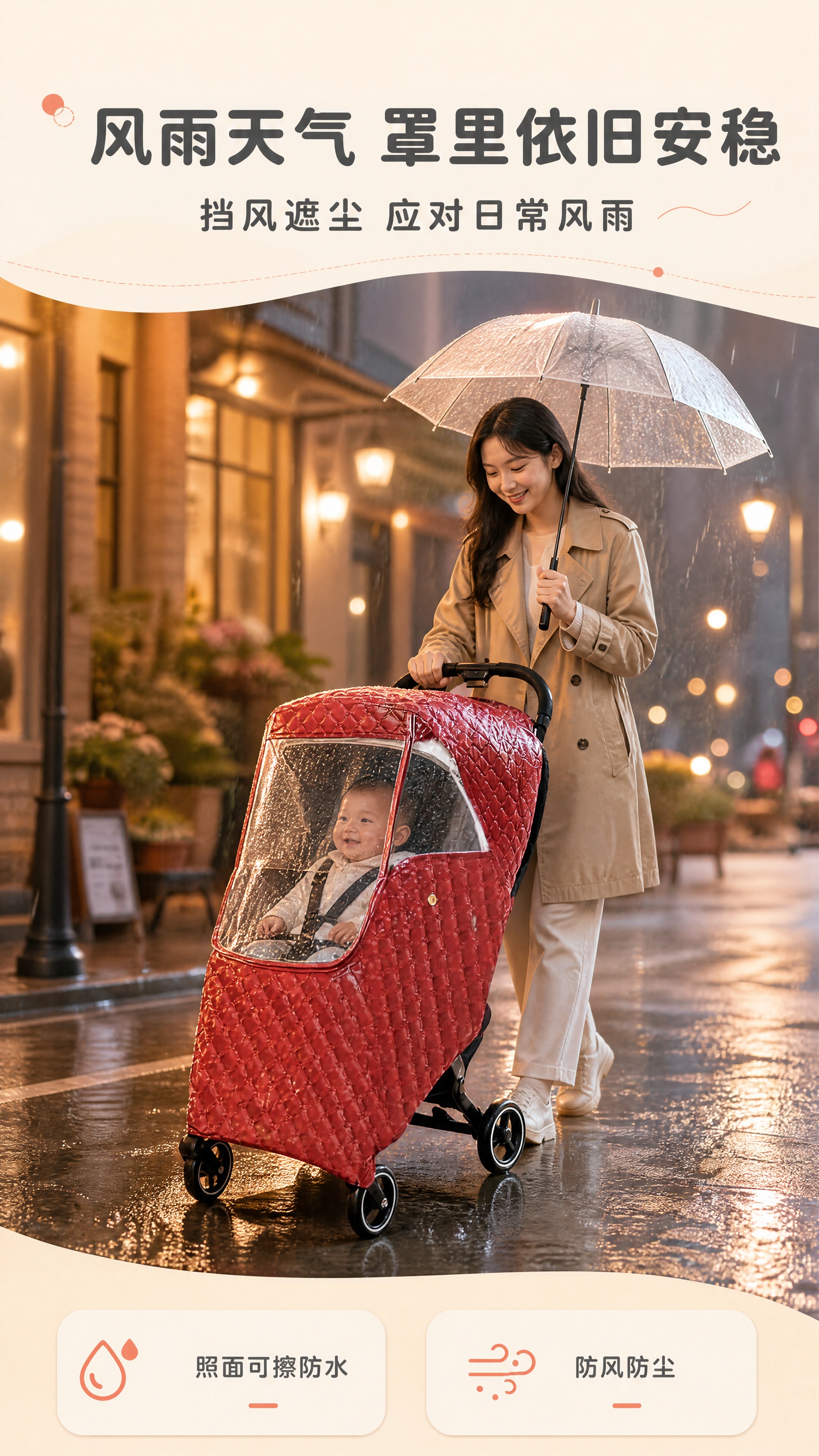 [商品] 使用【图1】正红色绗缝婴儿推车保暖罩，套在黑色婴儿推… - 图片创意预览