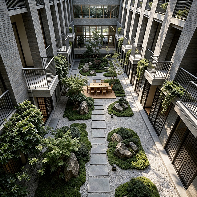 写实庭院效果图，俯视角度，狭长型建筑内院，现代新中式风格，两侧灰色清水砖墙建筑，阳台垂吊绿植，中间灰色石板汀步，白色砾石铺面，自然景观置石，多层次组团绿植，小乔木、球形灌木、低矮地被，庭院中心摆放木质茶桌椅子，自然光柔和，光影细腻，高清写实，质感高级，园林景观效果图，8K，细节丰富
