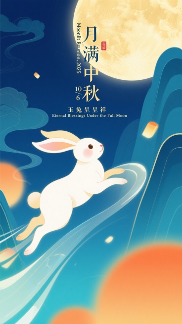新中式扁平商业插画，宋代美学意境，超现实动态感，冷色调为主局部暖色点缀。画面上方居中“月满中秋”，左侧竖排“Moonlit Reunion, 2025”和日期“10/6”，下方“玉兔呈祥”和“Eter预览效果