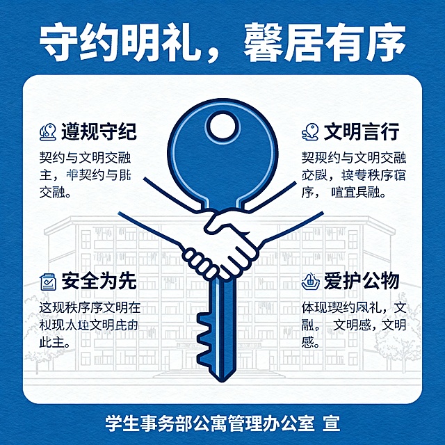 海报主题：校园公寓文明与安全共建宣传海报
核心标语：守约明礼，馨居有序
整体风格：简洁现代校园风，以蓝色为主色调，体现秩序与文明感

画面构图：

中心视觉：一把规整的钥匙，钥匙齿部变形为握手的形状，象征“契约与文明交融”

背景：浅色线条勾勒的校园宿舍楼轮廓，保持简洁、不喧宾夺主

文字布局：四条指引要点（遵规守纪、文明言行、安全为先、爱护公物）环绕钥匙图形排列，每条配以简约小图标

底部信息：清晰标注“学生事务部公寓管理办公室 宣”

关键细节：

钥匙握手结合处线条流畅，体现“规则与人文结合”

指引文字分段清晰，采用易读的字体

整体版面平衡，标题突出，内容层级分明