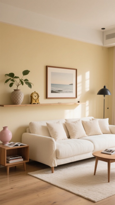 温暖柔和的奶油风客厅，米白色布艺沙发搭配多个浅色抱枕，沙发前铺有浅米色地毯，木质地板自然舒适。沙发背景墙为米黄色，墙上挂着一幅带有棕色相框的风景画，画中是柔和的海景。沙发上方的置物架上摆放着一盆绿植、一个几何纹路陶罐、一个复古黄铜座钟和一盏黑色金属台灯，置物架左侧矮台上有一个粉色陶瓷花瓶，旁边的小桌上放着几本翻开的杂志。整体采用低饱和度的暖色调，光线柔和，通过侧光营造出温馨静谧的氛围，光影层次……预览效果