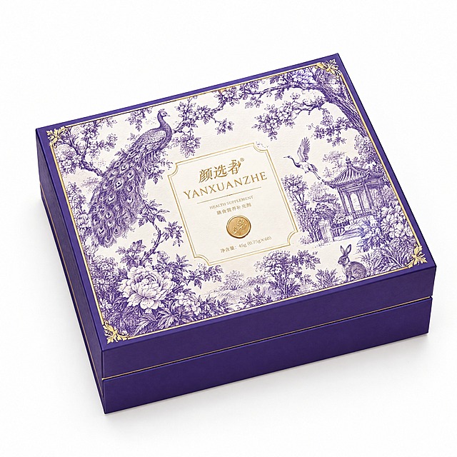根据提供的包装刀版图，生成颜选者品牌保健品长方形包装盒3D效果图。扁平方形纸盒，深紫色主色调，正面中央金色"颜选者"烫金logo，上下对称法式复古花鸟图案装饰，四角金色边框，正面标注保健品字样和净含量。白色背景，45度俯视，高端保健品包装，轻奢风格，纸质硬盒，商业摄影
