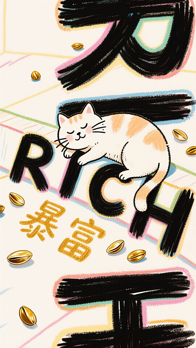 插画风与涂鸦风结合，可爱猫咪慵懒卧于“RICH”大字之上，金色钱币点缀，鎏金字体“暴富”呼应喜庆主题，整体梦幻又充满趣味。