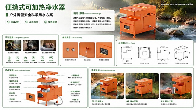 完善三视图区域，补全产品标准工程线稿三视图（主视图、俯视图、侧视图、透视图）中缺失的线条，确保线条清晰完整，准确表达净水器的外形结构和尺寸关系，其余内容保持不变，整体版式风格保持一致