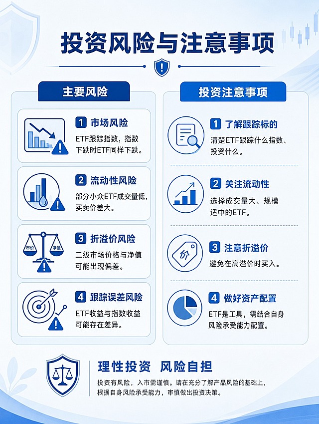 [商品] 无实物商品，为ETF投资者教育竖版长图，第7张：投资风险与注意事项。
[画面] 目标：揭示ETF投资的主要风险及投资前注意事项，体现投教合规性。构图：左右分栏，左侧"主要风险"4项，右侧"投资注意事项"4条，每项配警示图标或提示图标。顶部标题，底部提醒理性投资。景别：信息全景。阅读动线：先看风险，再看注意事项，左右对照。前景风险卡片+注意事项清单，中景警示图标，后景浅蓝白背景。
[视觉] 套系策略：风格=官方专业金融风，扁平信息图，简洁严谨合规；标题字=思源黑体粗体；正文字=思源黑体常规；主色=政务蓝(#1E5AA8)；背景延展=基于白色+浅蓝渐变做干净底色，同色系深浅层级，细腻磨砂质感；强调色=亮蓝(#2E86DE)，仅用于小面积图标、引线、标签和重点数字高亮；标题色=深蓝(#0D3B7A)；正文色=深灰(#333333)；组件=圆角信息卡片、细蓝线引线、扁平化线性图标；光影=干净平光，无强烈阴影，扁平风格。
[文字] 顶部主标题"投资风险与注意事项"。左侧"主要风险"：1.市场风险：ETF跟踪指数，指数下跌时ETF同样下跌；2.流动性风险：部分小众ETF成交量低，买卖价差大；3.折溢价风险：二级市场价格与净值可能出现偏差；4.跟踪误差风险：ETF收益与指数收益可能存在差异。右侧"投资注意事项"：1.了解跟踪标的：清楚ETF跟踪什么指数、投资什么；2.关注流动性：选择成交量大、规模适中的ETF；3.注意折溢价：避免在高溢价时买入；4.做好资产配置：ETF是工具，需结合自身风险承受能力配置。
[规格] 图片比例3:4竖版，4K分辨率，避免变形、错字、文字过小、杂乱元素、低俗配色、收益承诺、绝对化用语。