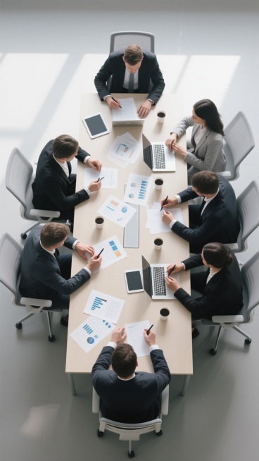 高角度俯拍视角的现代办公场景，专业商务人士们围坐在浅色会议桌旁进行团队协作，桌面上散落着文件、图表、笔记本电脑、平板电脑和咖啡杯，众人手持钢笔或触控笔专注地指点、签署文件或讨论数据，整体采用简洁明亮的写实主义风格，以黑白灰为主色调搭配少量中性色，光线柔和均匀来自顶部自然光，呈现出清晰的办公文件质感和职业着装细节，营造高效、专注且专业的商务办公氛围，不同角度展现团队成员的手部动作与文件互动，突出……预览效果