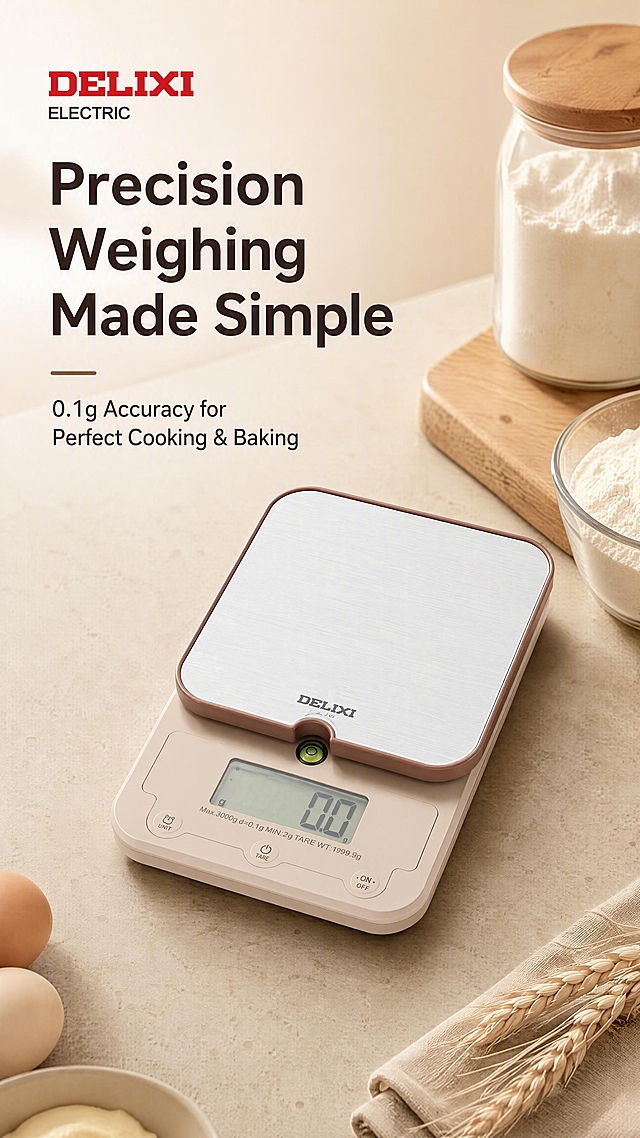 Amazon product detail page hero banner, DELIXI digital kitchen scale with stainless steel weighing platform and beige body with brown trim, product placed at center-right on a warm beige countertop, soft natural lighting from top-left, commercial photography quality. Left side has clean English text layout: main headline 'Precision Weighing Made Simple', subtitle '0.1g Accuracy for Perfect Cooking & Baking', small brand text 'DELIXI ELECTRIC' at top-left. Background is warm beige gradient with subtle kitchen counter texture. Minimalist modern design, Amazon cross-border style, no Chinese characters. Product structure, color, shape, LCD display, buttons all match the reference image exactly. 9:16 vertical ratio, 4K resolution, sharp text, high quality.