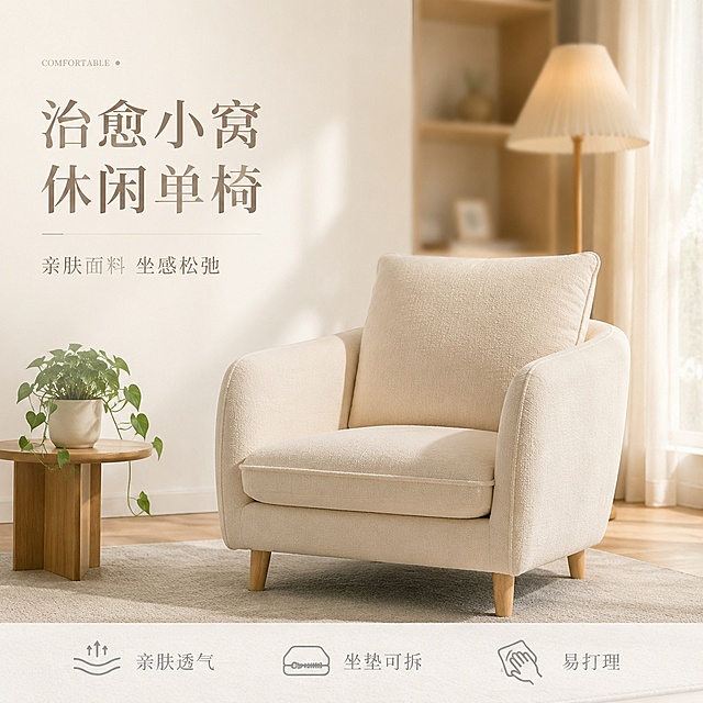 [单张主图] 单人沙发 高级氛围感主图，展示治愈风家居产品。参考图片为装饰画参考，本次主图核心遵循左文右物场景型版式，保留简约留白和自然质感。画面主体：单人棉麻布艺沙发，浅奶杏色，45°斜侧正面平视展示，完整展示沙发全貌，商品主体占画面45%。保持产品外观、结构与真实单人沙发一致，杜绝变形和色差，精细化处理面料纹理。构图版式：采用左文右物场景型版式，左侧大面积留白放置文案，产品放置在右侧自然放大，底部用浅原木台面承托。场景元素：背景为温馨治愈系原木风客厅，浅奶白色墙面，浅灰色短绒地毯，左侧边几放置一盆小型绿萝，角落一盏原木落地灯，背景用柔焦浅景深处理，突出沙发主体，不抢视线。加入3-4个轻图标展示卖点，图标放置在画面底部。文案版式：左上留白区域左对齐，主标题："治愈小窝 休闲单椅"，奶咖色大号细衬线字体；副文案补充："亲肤面料 坐感松弛"，小号同字体；底部三个线稿图标，图标旁分别标注"亲肤透气"、"坐垫可拆"、"易打理"，浅灰色小字。光影质感：主光为午后南向窗透进的斜射柔光，经纱帘柔化，整体色温暖调，光影慵懒。辅光为墙面漫反射补亮暗部，落地灯补充轮廓阴影，光斑落在沙发和地面，营造午后治愈氛围感，材质真实细腻，纹理清晰，沙发布料哑光质感自然，高光过渡平缓，暗部层次丰富不闷，浅景深虚化背景突出主体。配色字体：主色调为浅奶白+原木棕，辅助色为浅灰，强调色为低饱和奶咖。字体采用细衬线，字重克制，靠留白与对齐形成清晰层级，主标题旁点缀一个极小的浅灰色英文装饰词。1:1比例，2048×2048分辨率，文字清晰可辨，超高清商业摄影质感。负向提示词：变形，文字错乱，产品模糊，背景杂乱，水印，电商平台Logo，错字，主体遮挡，低清晰度，错误结构。