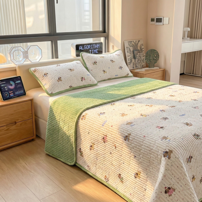 不改变图中床品所有细节 生成现代温馨活泼明亮的卧室场景  增加午后阳光光射效果 更换床上装饰预览效果