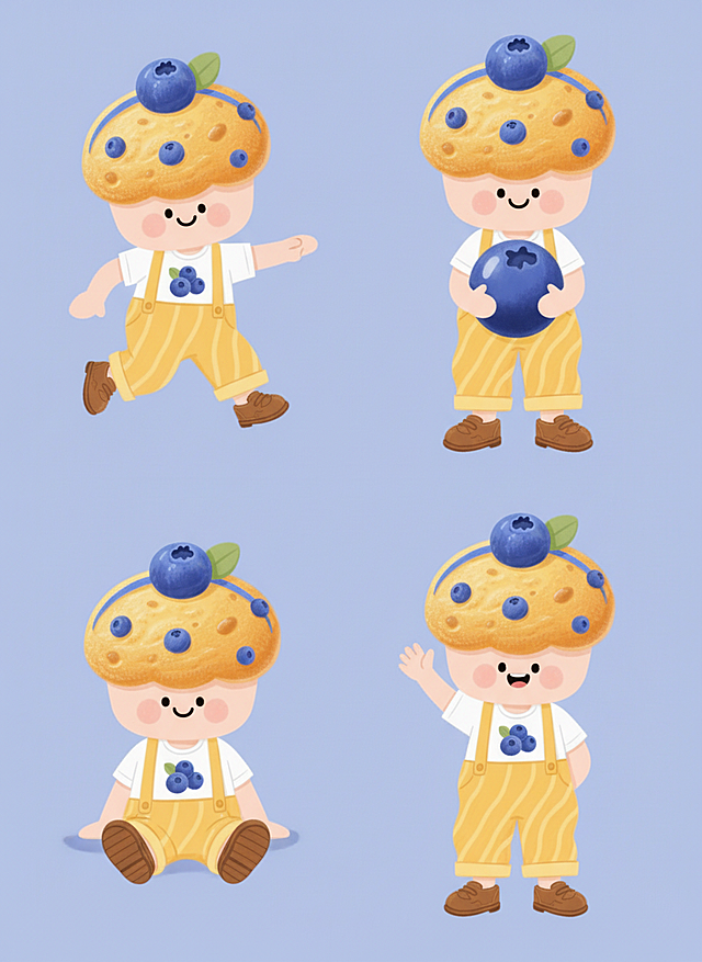 参考图片的形象做四个动态延展，四个不同动态的形象规整排布，动作灵动