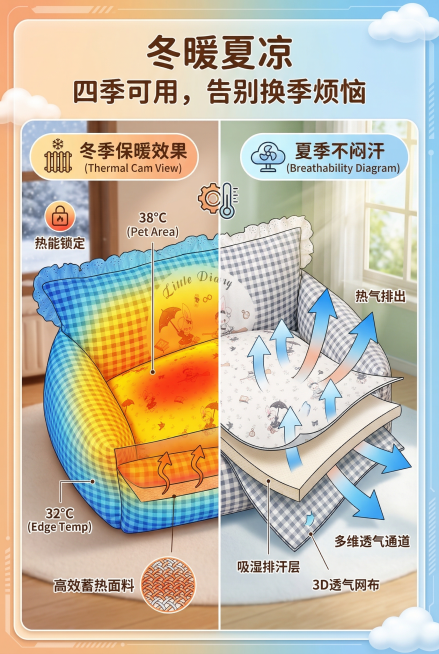 双功能可视化图，严格还原嬉引力宠物窝面料，左侧用热成像图展示冬季保暖效果，右侧用透气示意图展示夏季不闷汗，主标题：「冬暖夏凉」，副标题：「四季可用，告别换季烦恼」，文字统一圆润手写体，分栏排版，画面科预览效果