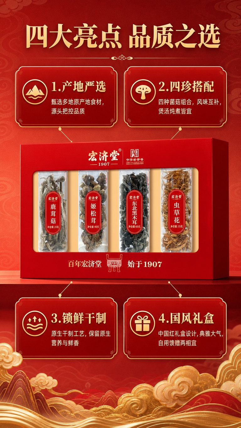[商品] 使用【图1】宏济堂·山珍四萃礼盒；保留红色国风礼盒外… - 图片创意预览