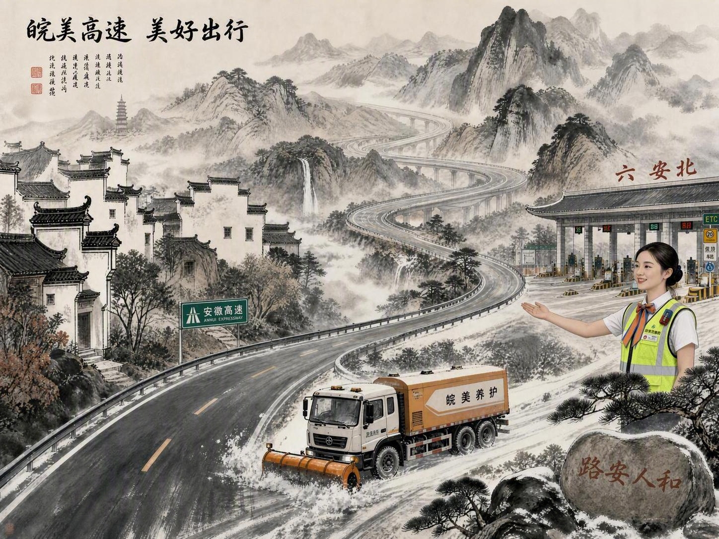基于原图进行修改，保持整体水墨风格和构图不变：1. 将收费人员… - 图片创意预览