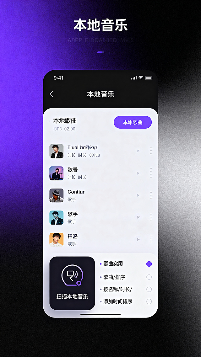 现代简约风格音乐类app本地音乐页，黑紫分色渐变主题，包含本地歌曲列表、扫描本地音乐按钮、歌曲排序选项，UI设计简洁实用