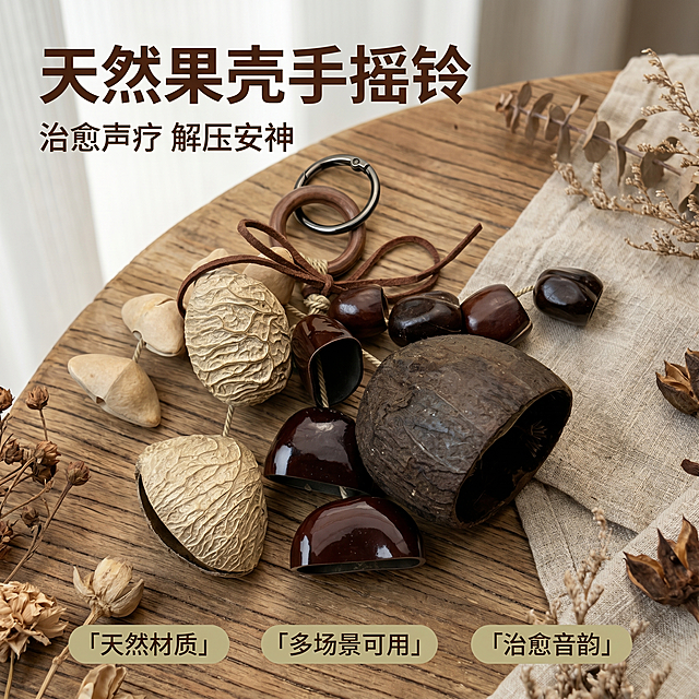 [主图 1] 自然诧寂风森系复古天然果壳手摇铃首图。[氛围风格] 自然诧寂风，森系复古，禅意松弛感；[画质] 商业摄影质感，光线柔和通透，产品清晰真实，画面干净高级。[元素] 果壳手摇铃放置在质朴原木桌面，背景是干枯植被和亚麻布料衬托，产品居中饱满，保留原产品外观、物理结构、材质质感和颜色，杜绝任何变形和色差，精细化处理。商品主体占比约70%，画面满屏无边框。[光影] 柔和的自然光从左侧斜射进来，形成自然明暗过渡，木质和果壳纹理细节清晰，整体光影温暖柔和。[配色] 主色调为自然原木棕、米杏色，整体低饱和复古配色。[视角构图] 平视拍摄，景深适中，产品突出，轮廓完整不裁切。[文字版式] 左上负空间左对齐留安全边距，大字文案为“天然果壳手摇铃”，深棕色最大粗体无衬线；下方辅助小字“治愈声疗 解压安神”，字体缩小一半，同色系。底部三个并列小卖点，分别为「天然材质」「多场景可用」「治愈音韵」，简约小标签排版，深棕字浅卡其底，清晰不抢主体。[比例分辨率] 1:1比例，2k分辨率，文字清晰锐利，超高清。[负向提示词] 变形，水印，文字错乱，产品图模糊，背景杂乱。