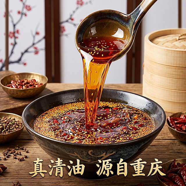 清油火锅红油电商主图，商品展示，卖点真清油，产地重庆，新中式风格，适配淘宝天猫平台，画面干净突出商品，红棕金色调