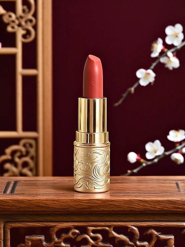 抠出原图主体，保留主体形状和颜色，给主体下半部分加上飘逸的国风凸起纹样。原木桌面，白梅点缀。深红色墙面，花窗，树枝白梅。