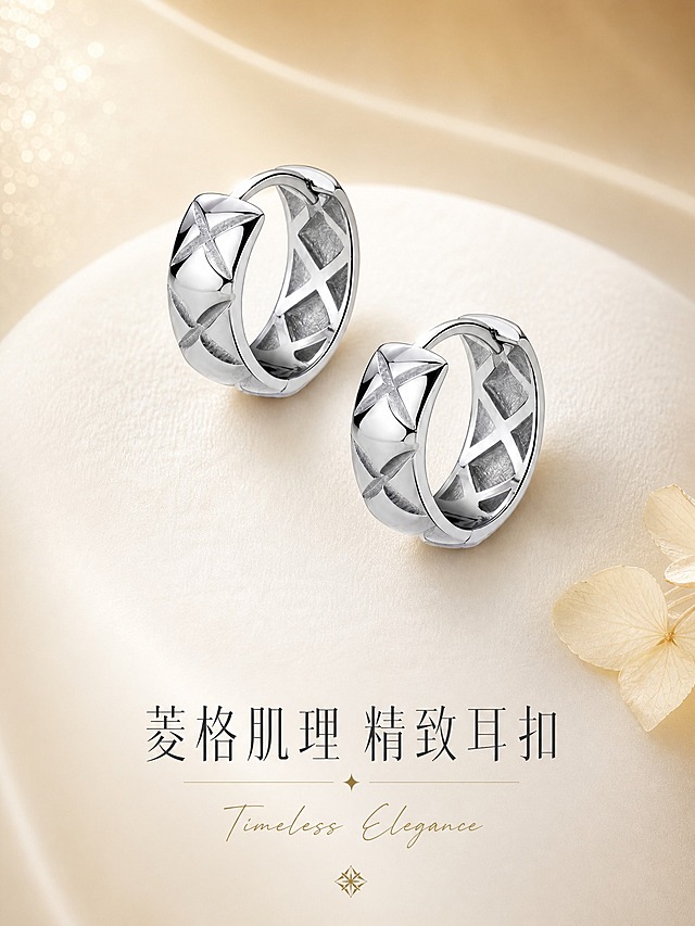 [主图-1] 菱格纹银色耳扣 首图点击率氛围大片。
[统一基调] 精致轻奢高级珠宝风；背景主色=奶油白渐变浅香槟金；标题字色=深炭灰；辅助字色=中暖灰；强调色=香槟金；字体=现代纤细衬线体+小号手写英文装饰；组件=极简细线、无厚重色块；光影=柔光箱高光+窄条轮廓光，金属切面反光干净。
[画面] 一对菱格纹银色耳扣斜向陈列于奶白色丝绒垫上，呈高低错落摆放，耳扣开口朝向画面内侧，完整展示菱格纹肌理与金属亮面。产品占画面约55%，居中偏上。背景为奶油白向浅香槟金柔和渐变，左上角有柔光斑点缀，右下角散落1-2片干枯米白色花瓣做氛围道具。耳扣下方有自然柔和的接触阴影，金属表面有清晰的柔光箱高光条，菱格纹的凹凸肌理分明。
[光影质感] 商业珠宝摄影质感，主光左前45度柔光，右侧补光弱化阴影，顶部轮廓光勾勒金属边缘，整体通透干净，无杂反光。
[配色] 奶油白+浅香槟金为主背景，银色金属为主体，深炭灰文字，香槟金强调色点缀。
[文字版式] 画面底部居中，主标题「菱格肌理 精致耳扣」用纤细衬线体，下方小号手写英文「Timeless Elegance」，字间距宽松，整体克制不抢产品。文字放在底部负空间，不遮挡耳扣主体。
[输出要求] 比例3:4竖版，2K分辨率，文字清晰，产品清晰锐利，金属质感真实，无变形、错字、模糊、杂乱、水印、平台Logo。