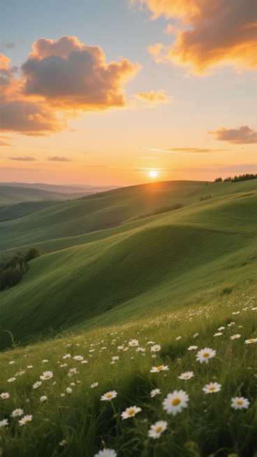 宁静的黄昏时分，夕阳的余晖洒在连绵起伏的绿色草坡上，草地上点缀着白色的小雏菊，天空中漂浮着被染成橙黄色的云朵，营造出温暖而祥和的氛围。预览效果