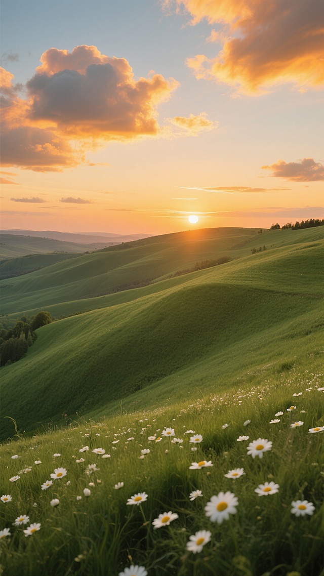 宁静的黄昏时分，夕阳的余晖洒在连绵起伏的绿色草坡上，草地上点缀着白色的小雏菊，天空中漂浮着被染成橙黄色的云朵，营造出温暖而祥和的氛围。
