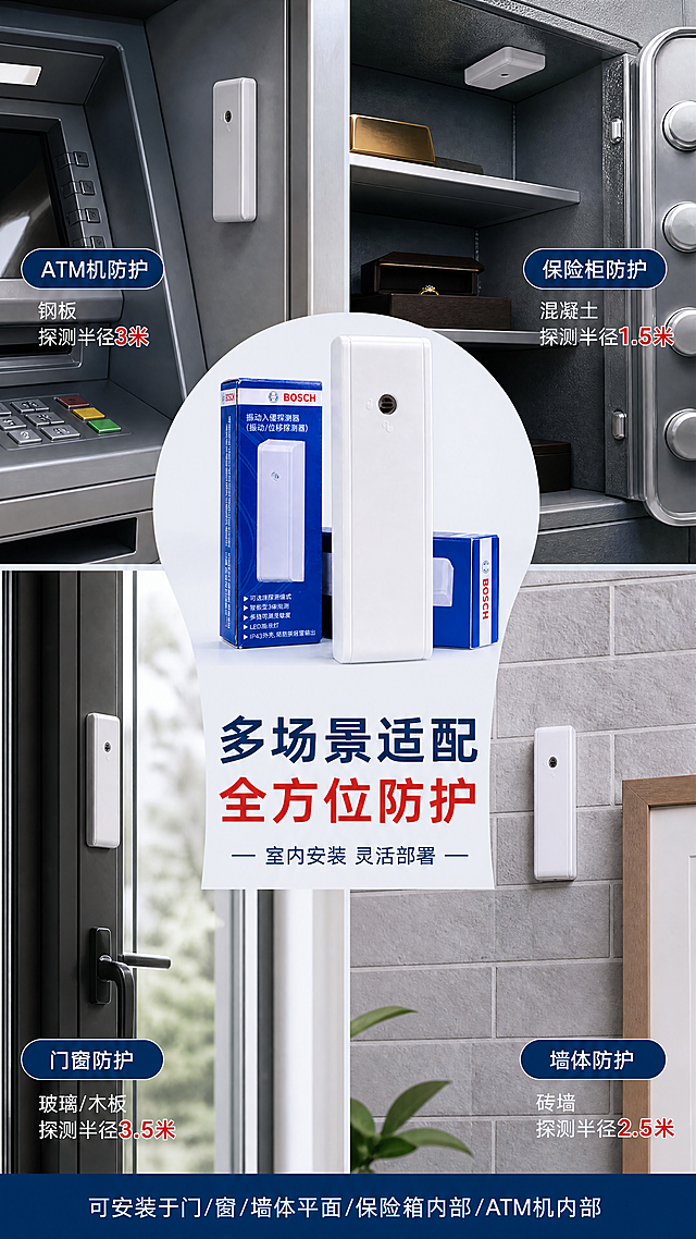 [第6张] 应用场景页 - ATM机/保险柜/门窗等多场景适配展示。本张使用【图1】作为产品主体，融入各场景。
[氛围/风格] 场景应用展示，真实感+专业感结合，商业摄影质感，体现产品广泛适用性。
[元素布局] 画面采用场景拼图式布局，分为四个场景区块：左上ATM机内部安装场景、右上保险柜内部安装场景、左下门窗安装场景、右下墙体安装场景；每个场景中都有小型产品探测器安装示意；中央偏上位置放置产品主图+场景总标题；各场景区块之间有细微分隔，整体饱满无空白。产品外观严格保持原图不变。
[光影质感] 各场景采用真实柔和光线，产品主图区域棚拍光，整体光影统一自然。
[配色色系] 全局底色 #F5F7FA 浅灰；主色深蓝 #003366、博世红 #D92121；辅助色各场景自然色调、白色；统一专业。
[视角构图] 中心产品+四周场景拼图布局，呈放射状阅读动线，从中心产品向四周场景扩散。
[文字版式] 中央产品下方主标题「多场景适配 全方位防护」，副标题「室内安装 灵活部署」；四个场景各配标题和探测半径数据：1.「ATM机防护」钢板 探测半径3米；2.「保险柜防护」混凝土 探测半径1.5米；3.「门窗防护」玻璃/木板 探测半径3.5米；4.「墙体防护」砖墙 探测半径2.5米。底部补充：可安装于门/窗/墙体平面/保险箱内部/ATM机内部。
[比例分辨率] 9:16 竖版比例，4K分辨率，文字清晰可辨，高清画质。
[负向提示词] 产品变形，场景混乱，人物出现，水印，文字错乱，颜色偏差。
