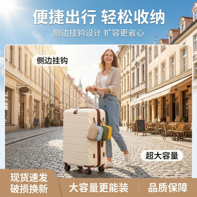 人物：欧洲女性，动作推着行李箱，产品：行李箱（参考图），行李箱侧边挂勾上还挂着4个小袋子，类似参考图，凸显行李箱的便捷性，背景：欧洲城市街道。整体光线明亮开阔，比例 「4:3」预览效果