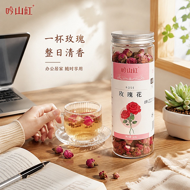 [主图-4] 玫瑰花茶生活场景图 办公下午茶场景。
[氛围风格] 治愈生活风 温馨舒适 自然真实。
[画质] 生活方式摄影质感 光线柔和自然 画面温暖有氛围感。
[元素] 画面右侧放置吟山红玫瑰花茶罐装产品 产品占比约60% 保持产品外观与输入产品图绝对一致 杜绝变形色差。左侧是温馨的办公桌面场景 浅木色书桌上放着一台打开的笔记本电脑（只露出一角） 旁边有一只透明玻璃杯盛着玫瑰花茶 茶汤淡金透亮 杯边散落几朵干玫瑰 还有一本翻开的书和一支钢笔 桌角有一小盆绿色多肉植物。背景是米白色墙面 有柔和的自然光从窗边照入 整体营造下午茶放松养生的氛围。一只女性的手（只露出手腕和手指）正伸向茶杯 增加生活感。
[光影] 午后窗边自然光 侧光照射 光线柔和温暖 桌面有自然光影 玻璃与花瓣有通透高光 整体暖调治愈。
[配色] 主色暖木棕 米白 辅色玫粉 淡金 浅绿。
[视角构图] 45度俯视角度 场景丰富有层次 产品与场景自然融合 不突兀。
[文字版式] 左上角负空间竖排或横排主标题 深棕色手写风格字体 写“一杯玫瑰 整日清香” 下方辅助小字写“办公居家 随时享用”。文字放在墙面负空间 不遮挡产品主体 文字占比小于30%。左上角保留吟山红品牌Logo。
[输出要求] 1:1比例 文字清晰可辨 超高清生活摄影质感。
[负向提示词] 变形 文字错乱 产品模糊 背景杂乱 水印 电商平台Logo 人物正脸。